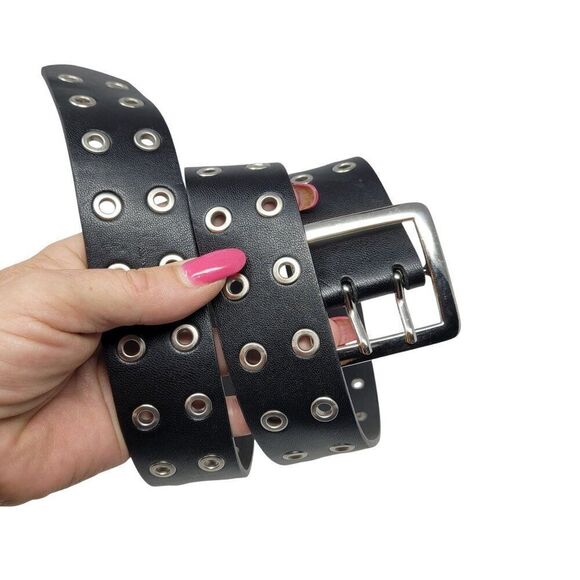 Black Silver Double Grommet Vegan Faux Leather Belt‎ Unisex Punk Alternative - Picture 10 of 10